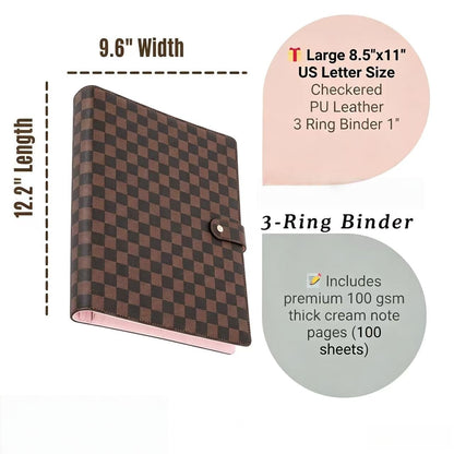 Checkered PU Leather Refillable Journal, 1-Inch 3-Ring Binder, Letter Size 8.5" x 11", Includes 100 Sheets