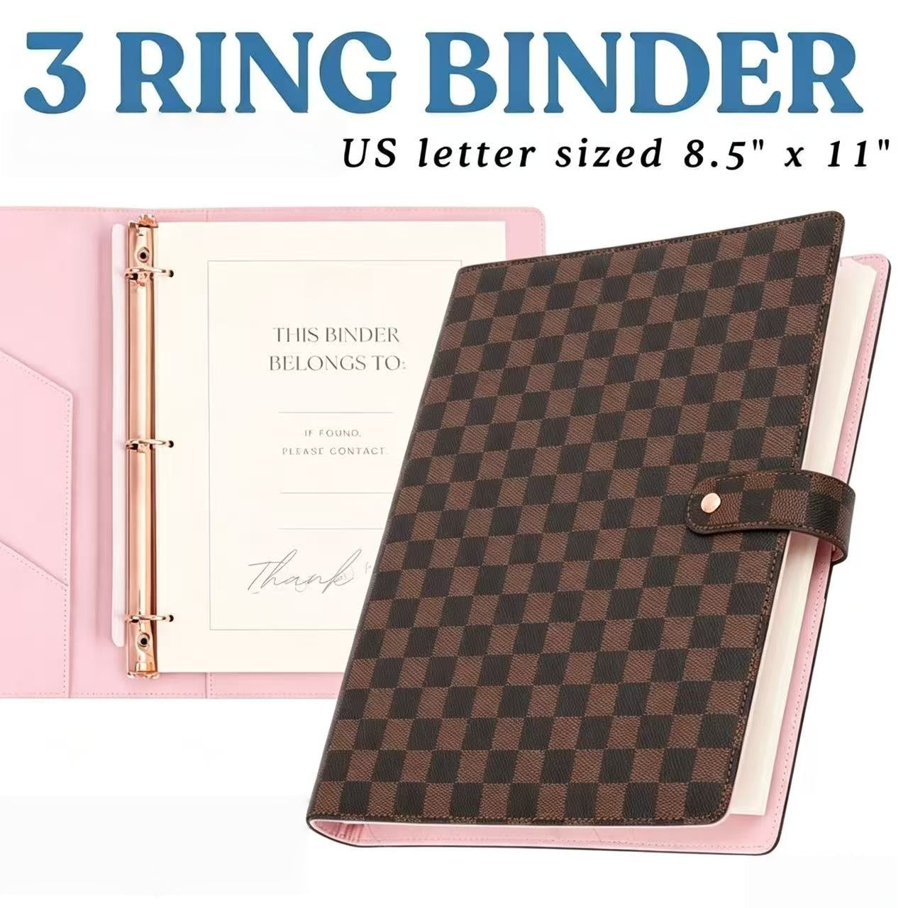 Checkered PU Leather Refillable Journal, 1-Inch 3-Ring Binder, Letter Size 8.5" x 11", Includes 100 Sheets