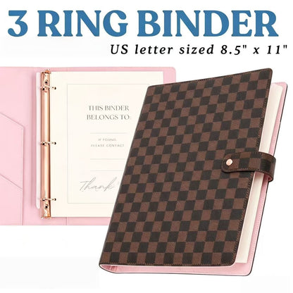 Checkered PU Leather Refillable Journal, 1-Inch 3-Ring Binder, Letter Size 8.5" x 11", Includes 100 Sheets