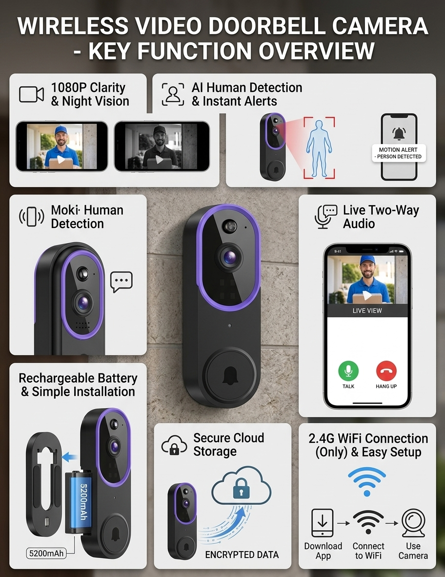 ⚡Almost Gone! Smart Video Doorbell Camera - 1080P HD Security with AI Detection & Night Vision