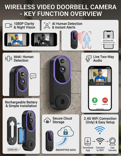 ⚡Almost Gone! Smart Video Doorbell Camera - 1080P HD Security with AI Detection & Night Vision